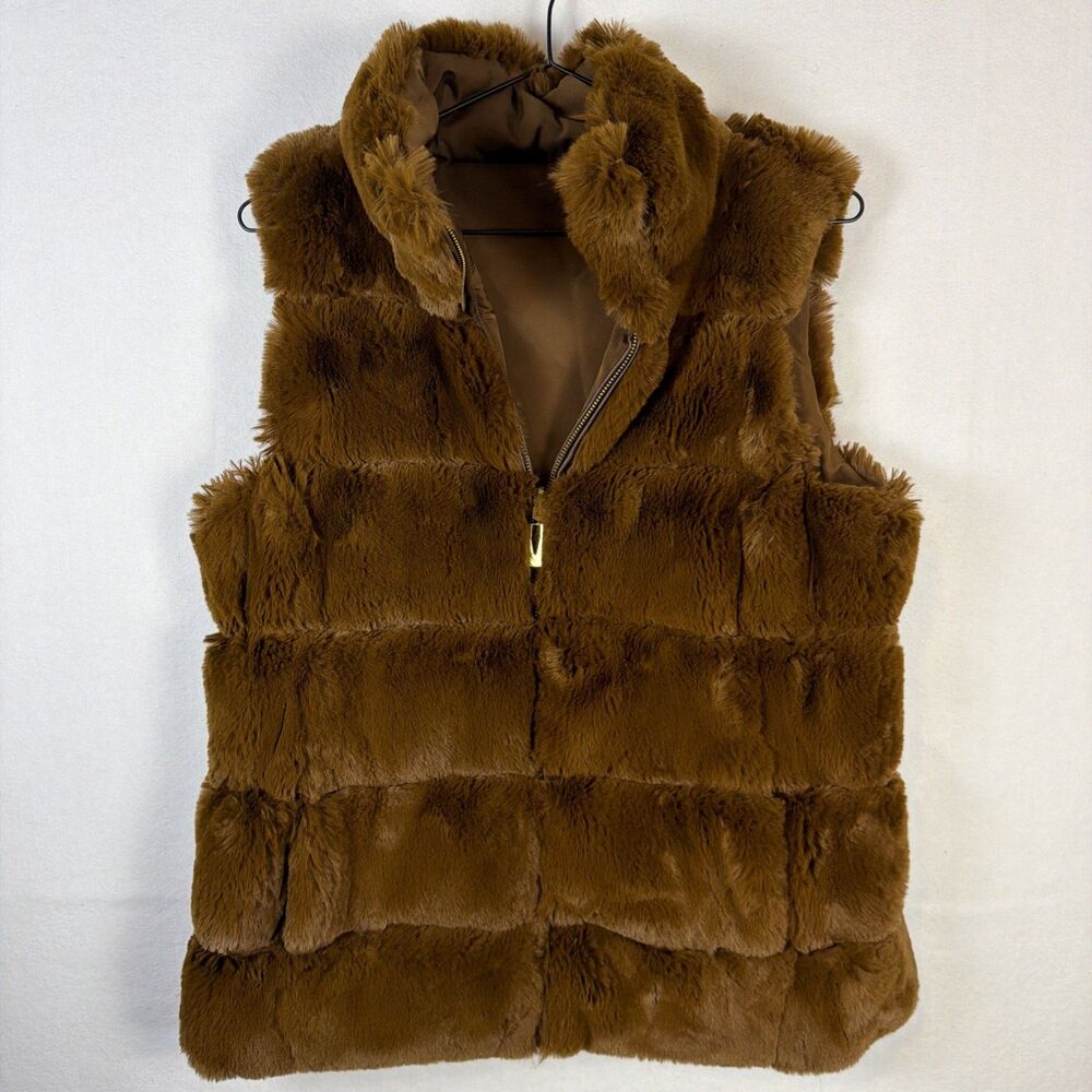 Via Spiga Womens Size S Brown Grooved Faux Fur Vest Jacket Sleeveless Outerwear